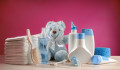 toiletries baby with diapers and pacifiers