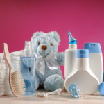 toiletries baby with diapers and pacifiers
