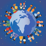 Children of different nationalities around earth banner vector illustration. Kids characters in traditional costume national dress. Cultures. International multicultural friendship.