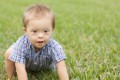 Down Syndrome child crawling in green grass